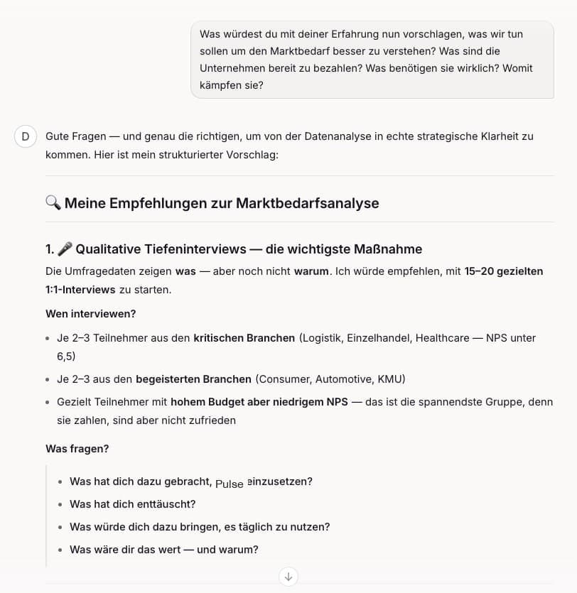 Chatauszug: strategische Empfehlung der Data Scientistin zur Marktbedarfsanalyse