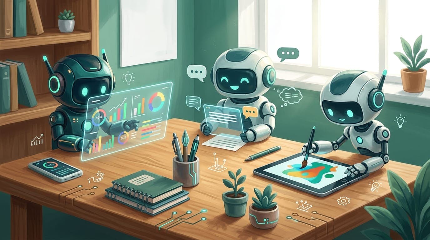 Illustration von drei KI-Agenten, die gemeinsam an einem Schreibtisch arbeiten